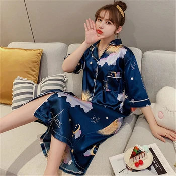 

Explosion summer nightdress short sleeve large size loose printed night gown female cardigan net red lapel home service ночнушка