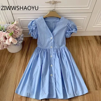 

ZIWWSHAOYU Women Summer Blue V-Neck Mini Short Dress Fashion Designer Ladies Luxurious Diamonds Ruched Bohemian Cotton Dresses