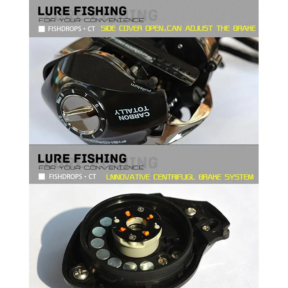 Рыболовные катушки, катушка для baitcasing, левая рука, правая рука, полный корпус из углеродного волокна, двойная тормозная система, Передаточное отношение 7,2: 1, низкопрофильная катушка