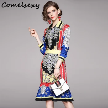 

Designer New Autumn Dress Women Vestido De Festa Long Sleeve Camisa Sereia Saia Terno Print Red Holiday Aesthetic 2 Piece Set