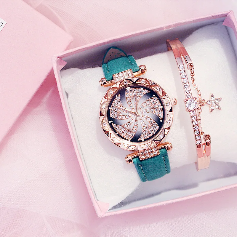 Green Color Bracelet QMXD, женские часы, роскошные, звездное небо, женские часы-браслет, повседневные, кожа, Женские кварцевые наручные часы, женские часы, relogio feminino - Цвет: Green Color Bracelet