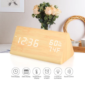 

Triangular Wooden Alarm Clock Sound Control LED Digital Alarm Clock 3 Alarms USB/Battery Dimmer Indoor Hygrometer Thermometer