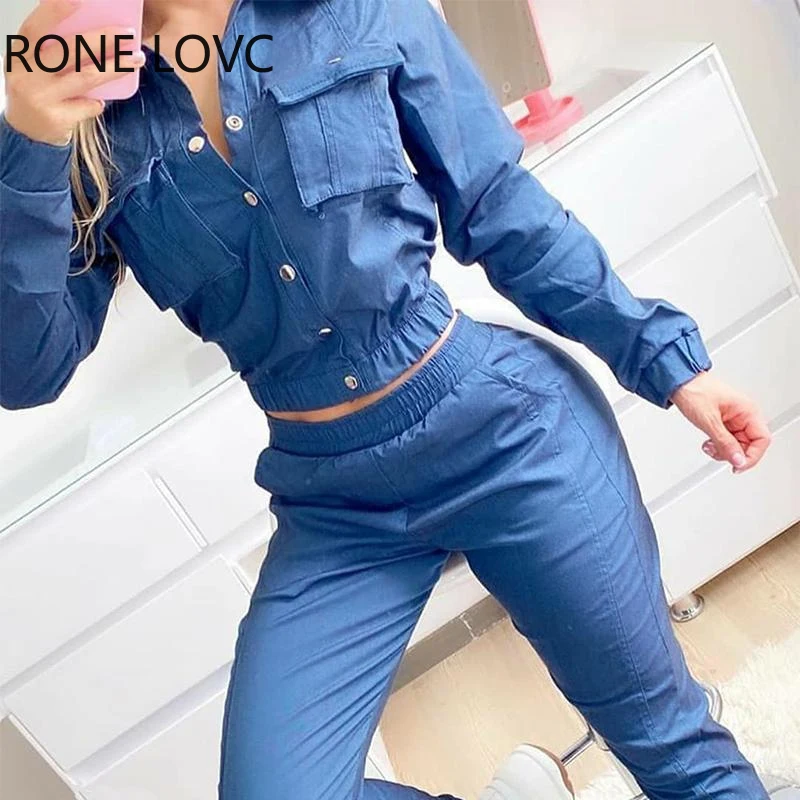 Conjunto de traje de mezclilla de manga larga para mujer, sólido, informal,  conjunto de dos piezas _ - AliExpress Mobile