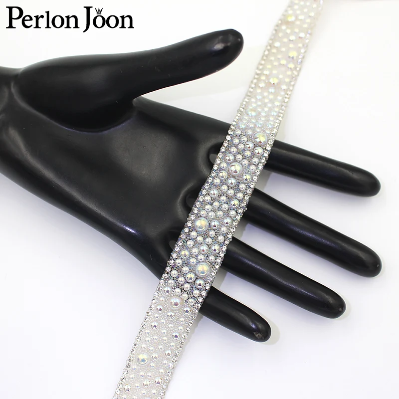 1yards Neue weiße AB farbe perle dekoration strass trim hot fix band braut hochzeit schuhe dekoration zubehör TR113 – Detail 6
