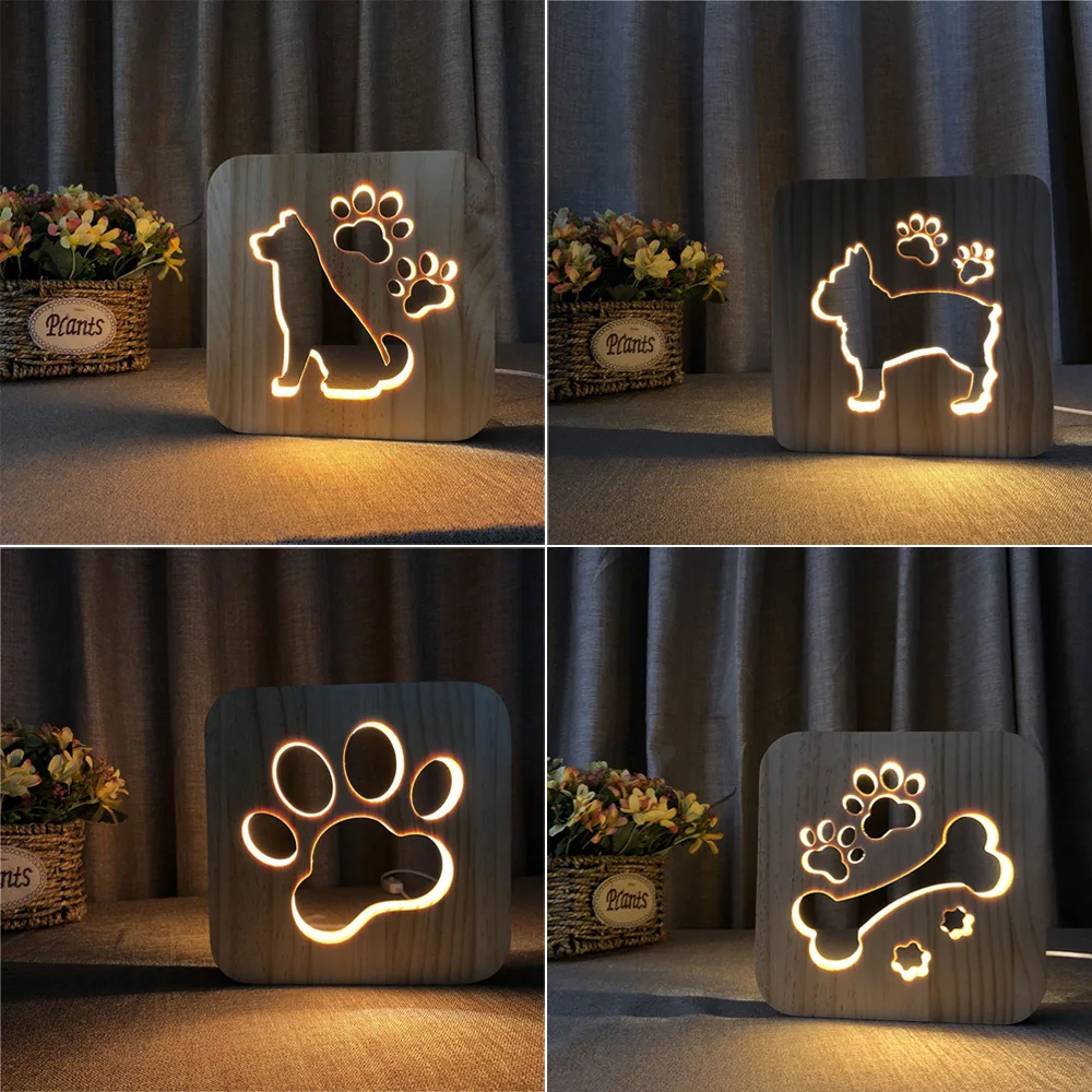 T-SUN LED USB Wooden Night Light Dog Paw Bone Animal Lamps Kids Bedroom 3D Decoration Table Lamp Children Gifts Desk Lights | Освещение