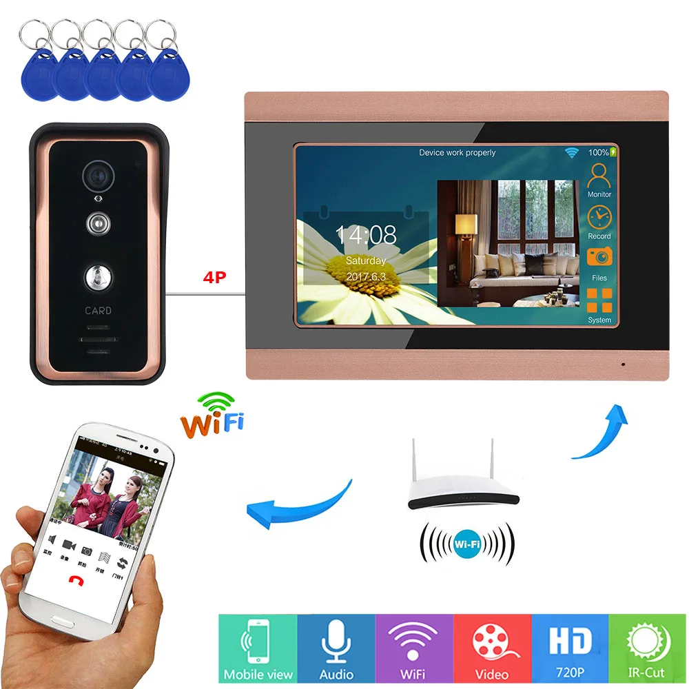 Видеодомофон 7 дюймовые часы с записью времени беспроводной Wi-Fi RFID домофон