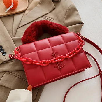 

2020 Luxury Soft Leather Chains Shoulder Bag Fashion Letter Small Square Crossbody Bags For Women New Female Fur Handbags Purse