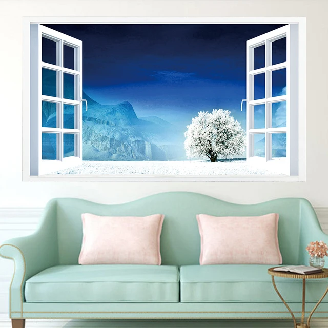 3D Simulation Fake Window Wallpaper Lake Landscape Mountain Clouds Wall ...