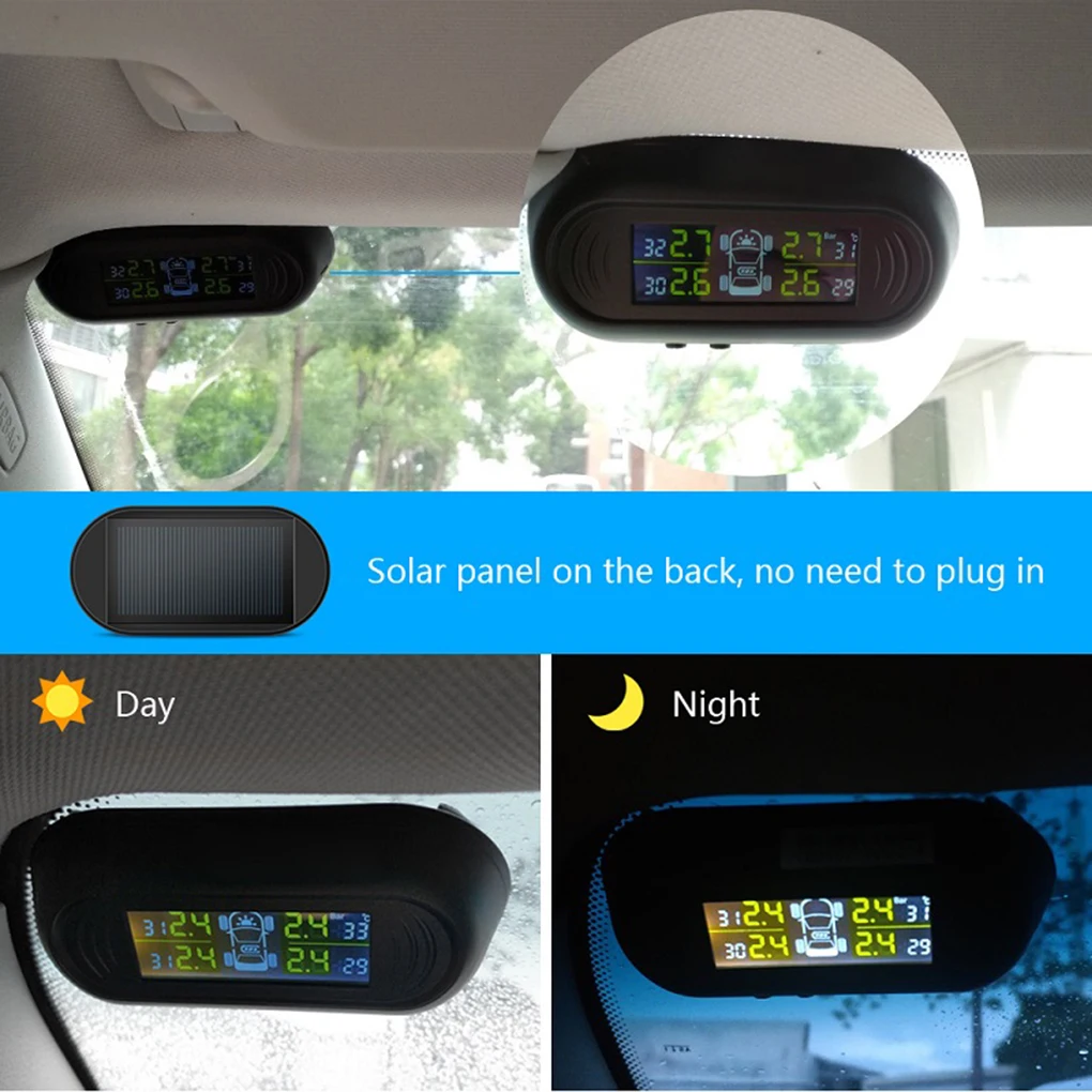 Солнечная энергия автомобильный TPMS датчик давления в шинах черный беспроводной цифровой ЖК-дисплей Четыре датчика s охранная система сигнализации в шинах