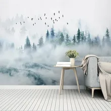 Пользовательские обои облака сосновый лес дальняя горная птица современный минималистский ТВ фон стены-высококачественный водонепроницаемый материал
