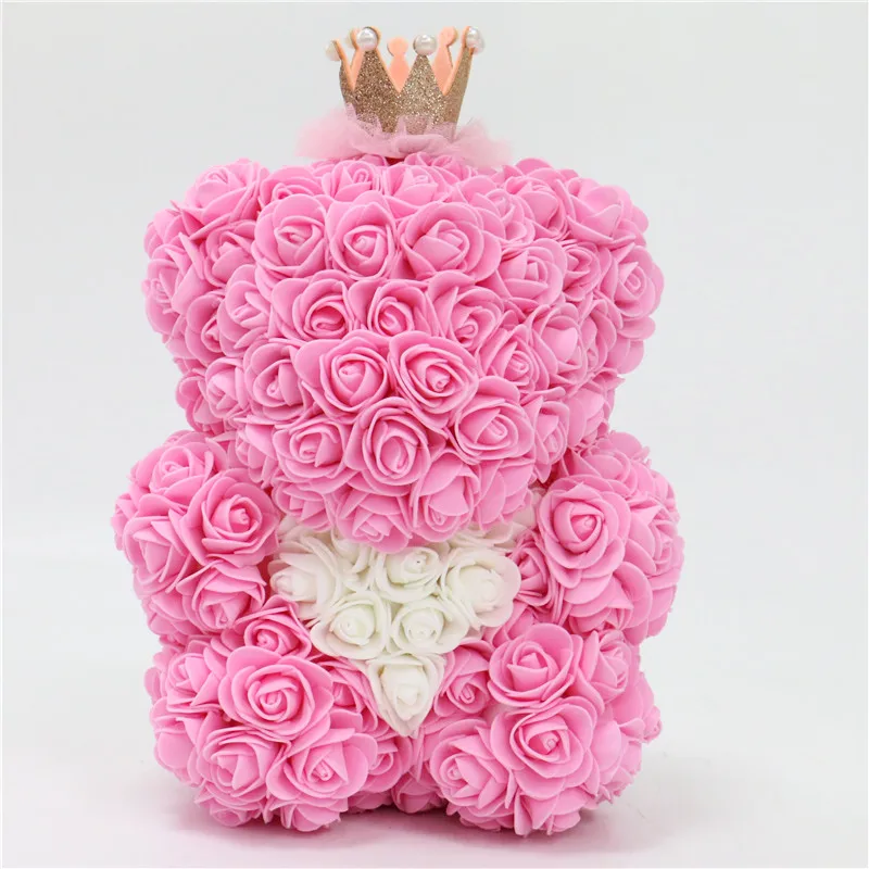 Pink 28 см Корона Сделай Сам плюшевый медведь Роза+ коробка Искусственные из ПЭ цветок медведь Роза День Святого Валентина подарок для подруги женщины жена мать день - Цвет: Pink