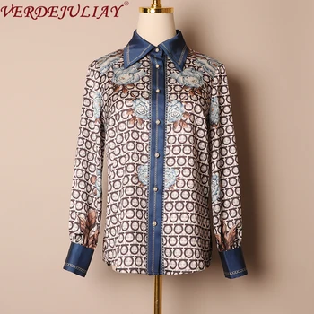 

VERDEJULIAY 2020 Spring New Romantic Women Blouse Runway Designer Flower Mixed Letter Print European Office Lady Vintage Shirt