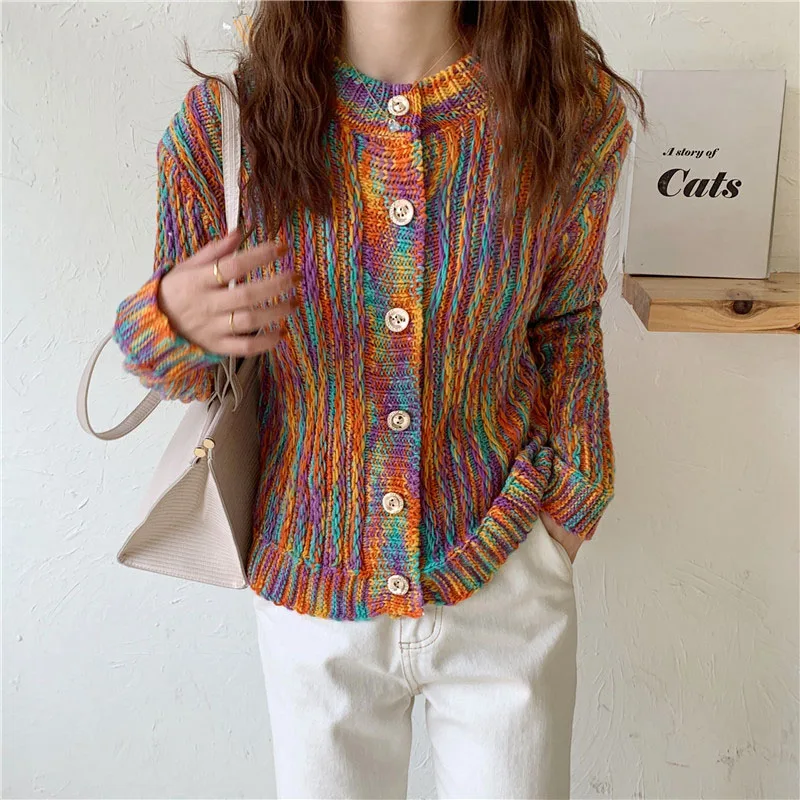 

2020 Winter Warm Rainbow Striped Cardigan Sweater Autumn O-Neck Single Breasted Patchwork Color Knitted Sweater Women Jackets