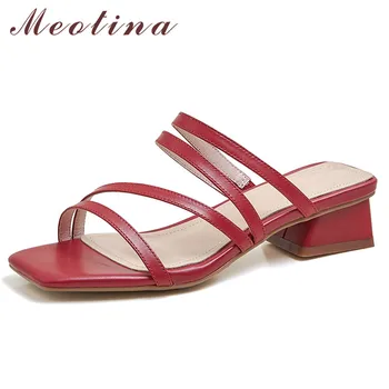 

Meotina Natural Genuine Leather Mid Heel Slippers Narrow Band Women Shoes Square Toe Block Heels Ladies Slides Summer Sandals