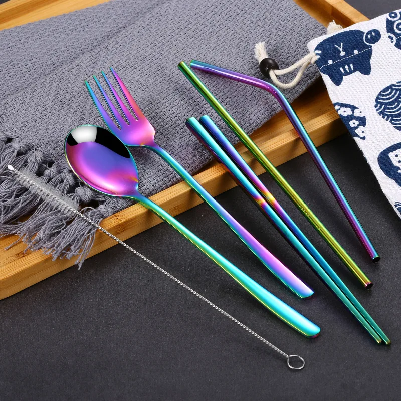 7pc 304 Stainless Steel Fork Spoon Chopsticks Set Creative Portable Tableware Straw Fork Chopsticks 7 Pieces Dinnerware Set