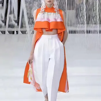 

2020 Women's Wear Stripes Printing Sleeveless Vest Skirt Exposed Navel Is Thin Irregular Dress Female