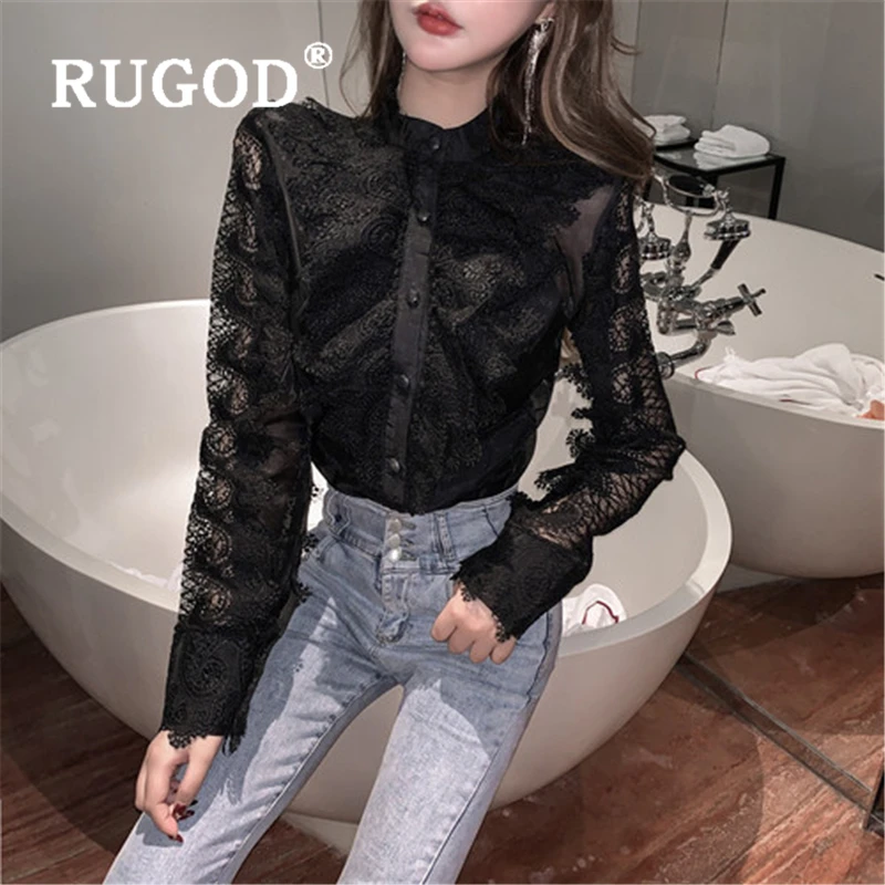 RUGOD элегантная Офисная Женская белая блузка модные сплошные кружевные лоскутные весенние вечерние женские рубашки с длинным рукавом винтажные белые топы