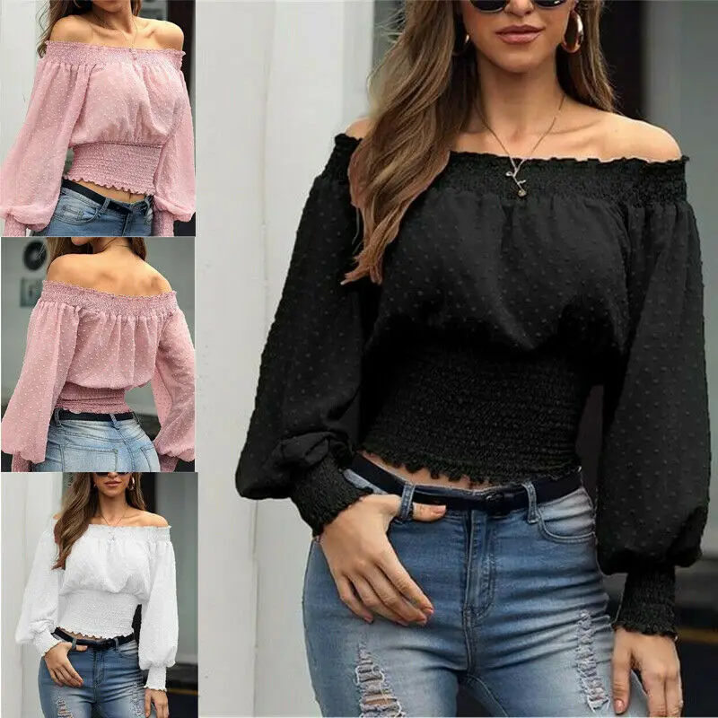 Women Sexy Off Shoulder Crop Tops Ladies Bardot Loose T Shirt Blouse Plus  Size