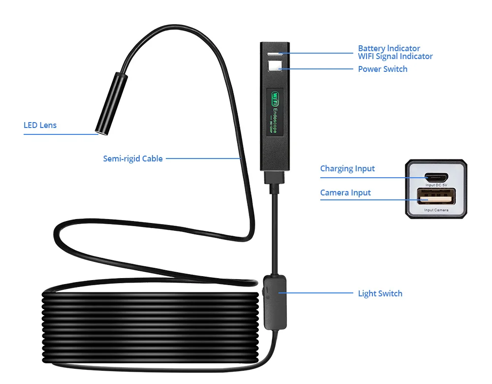 TOWODE WiFi Endoscope Camera 1200P Hard Cable 8mm 8 LEDs Android IOS Control Inspection Waterproof Mini Camera For Cars Fishing hidden wireless surveillance cameras