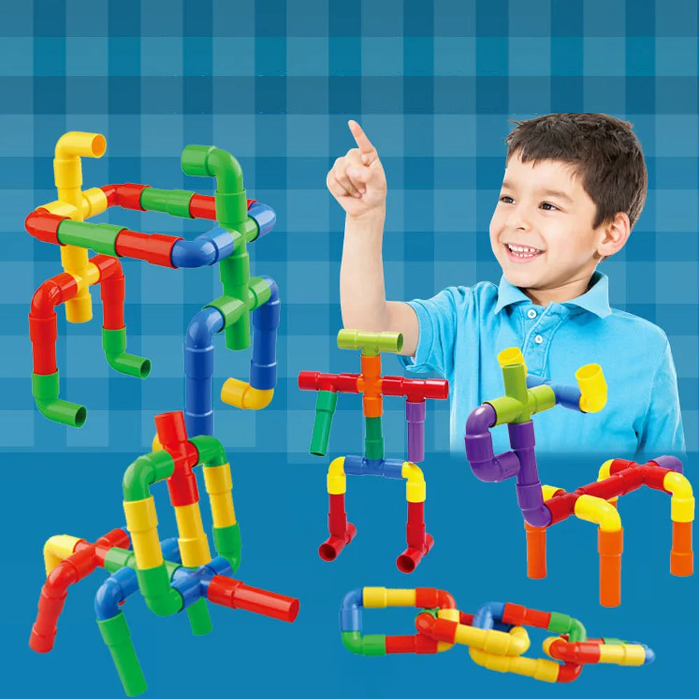 

Kids Plastic Colorful Water Pipe Plug Match Building Blocks Assembly Tunnel Interlocking Blocks Self Locking Block Bricks Toy
