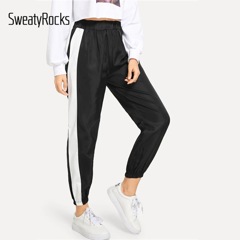 SweatyRocks контрастные ленты боковые брюки спортивная одежда для женщин Эластичный Талия черный брюки модные весенние повседневные длинные спортивные брюки