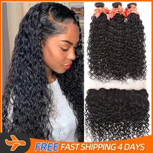 32 34 Inch Deep Wave Bundles With Lace Frontal Remy 10A Human Hair Extension 13X4Frontal Pre Plucked Water Wave 3 4 Bundles