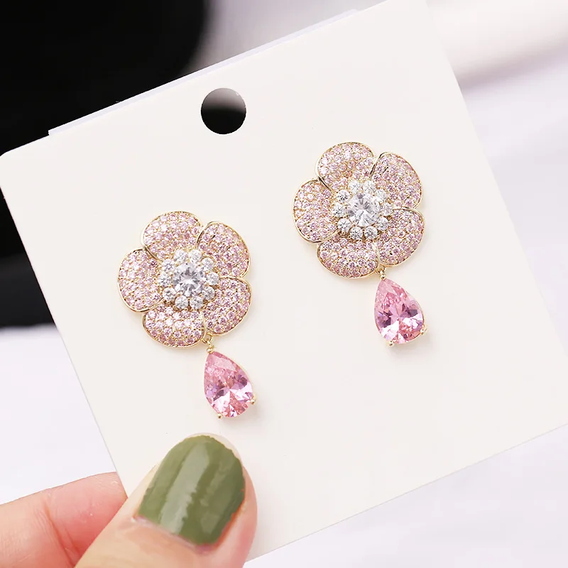 French Elegant Rose Flower Pink AAA Zircon Earrings For Women Micro-inlaid Silver Needle Drop Earring Luxury Female Jewelry