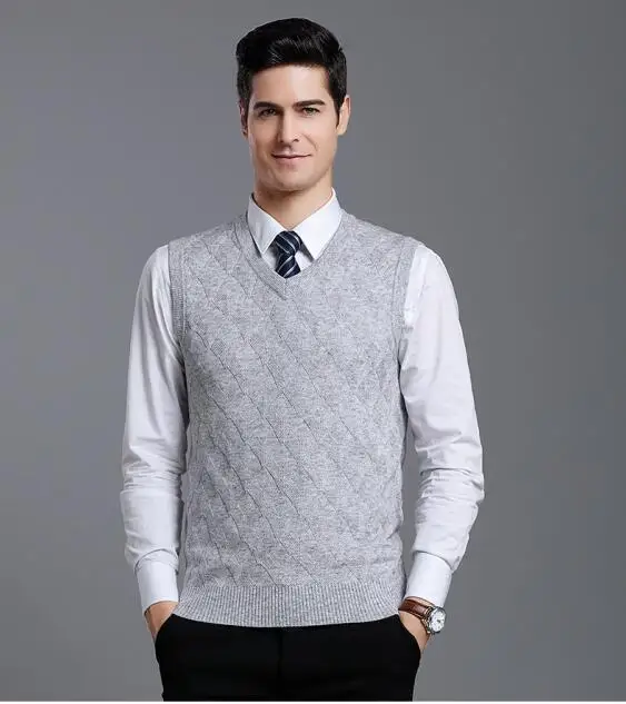 Мужской повседневный Однотонный свитер жилет высокого качества мужской v-образный вырез вязаный кашемировый пуловер для зимы - Цвет: Светло-серый