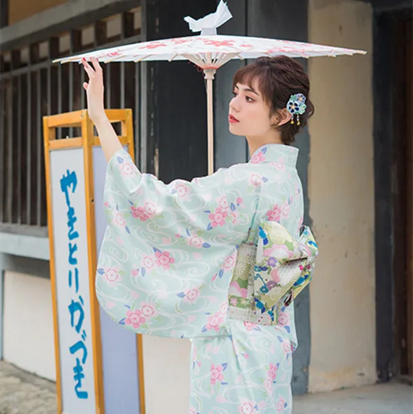 Женская традиционная юката, японское кимоно, халат, платье для фотосъемки, костюм для косплея, светло-зеленый цвет, цветочный принт, винтажная одежда - Цвет: Зеленый