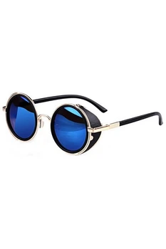 

80's Vintage Style Classic Round Steampunk Sunglasses-Blue with Gold Edge