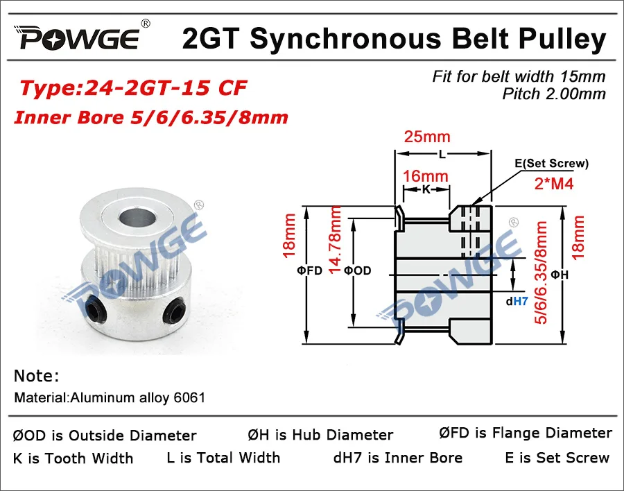 POWGE 24 зубья 2GT зубчатый шкив диаметр 5 мм 6 мм 6,35 мм 8 мм для ширины 15 мм GT2 синхронный ремень Малый люфт шестерни 24 зубья 24 T
