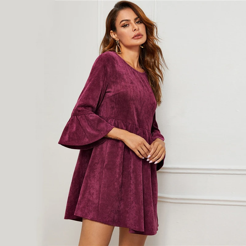 Sheinside, повседневное вельветовое платье с рукавом 3/4, для женщин,, осеннее платье трапециевидной формы с рукавами-воланами, Дамское Платье с пуговицами на спине