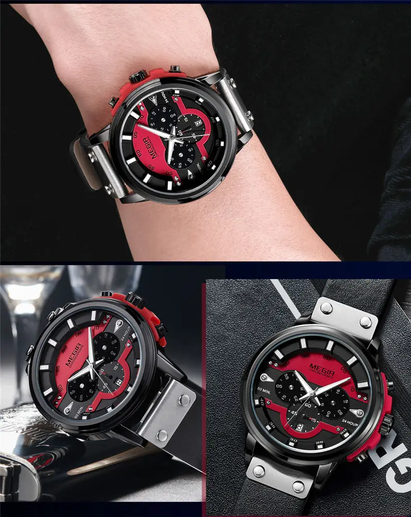 Часы наручные MEGIR мужские с хронографом брендовые Роскошные синие спортивные в
