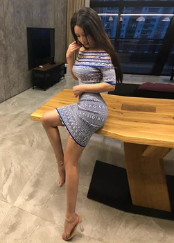 

2020 New Women Bandage Grey Blue Red Slash Neck Short Sleeve Vestido Luxury Diamond Celebrity Evening Party Dress