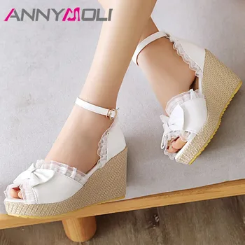 

ANNYMOLI Woman Pumps Two Piece Buckle Ankle Strap Shoes Bow Espadrille Platform Wedges Extreme High Heels Ladies Party Shoes 40