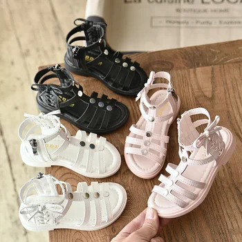 

Hot Sale Summer Fashion Children Zipper High Sandals Girls Leather Soft Bottom Roman Kids Princess Shoes Beach
