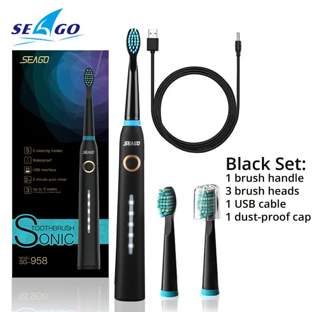 Black Seago Автоматическая звуковая электрическая зубчатая стрела 5 режимов 40000 раз вибрации/мин зарядка через usb IPX7 водонепроницаемый 3 головки щетки SG958 - Цвет: Black