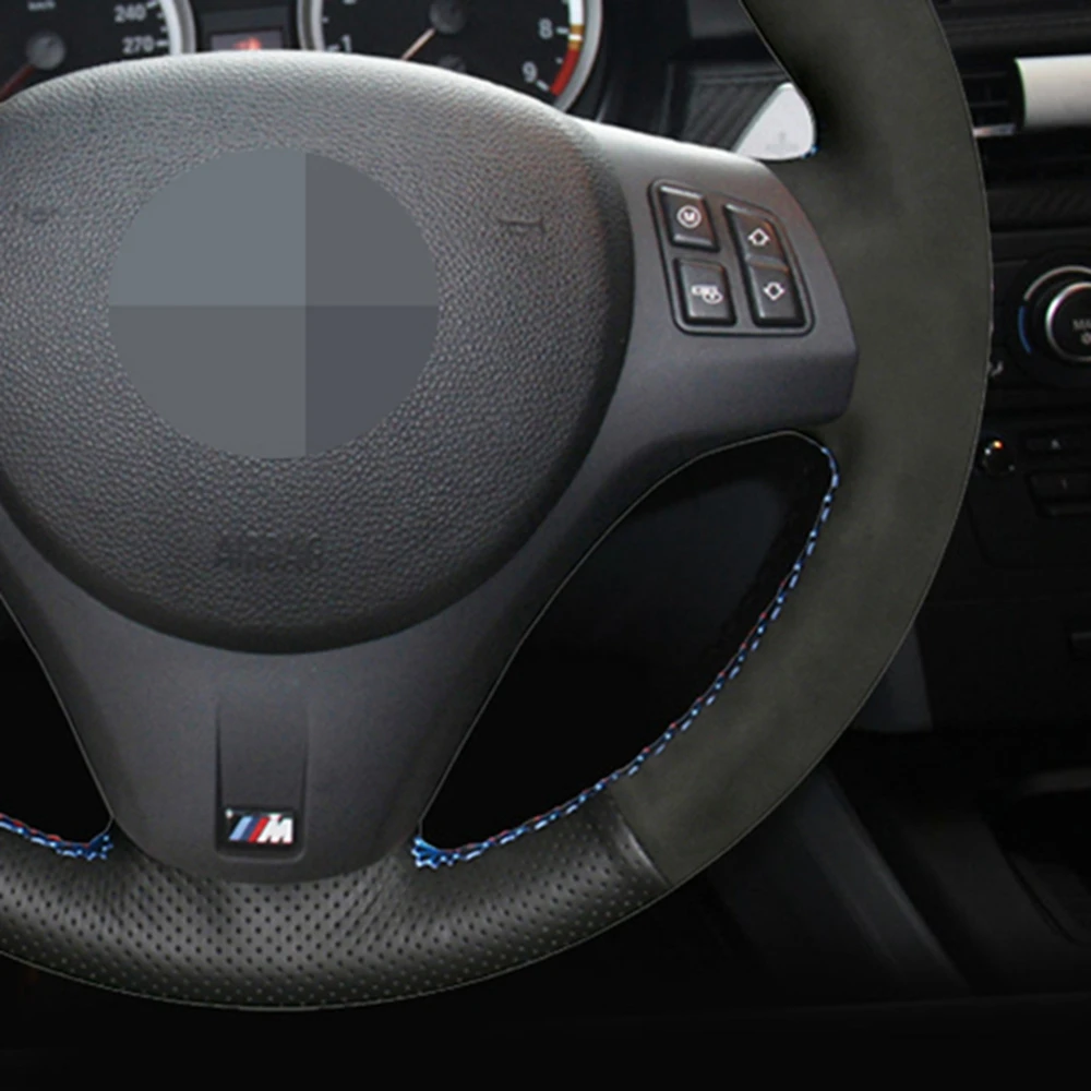 Hand-stitched Black Genuine Leather Black Suede Car Steering Wheel Cover For BMW M Sport M3 E90 E91 E92 E93 E87 E81 E82 E88