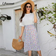 

New 2022 Vintage Floral Skirt Printed Tulle Pleated Mi-long Women Skirts High Waist Loose Female Umbrella Skirts Spring Summer