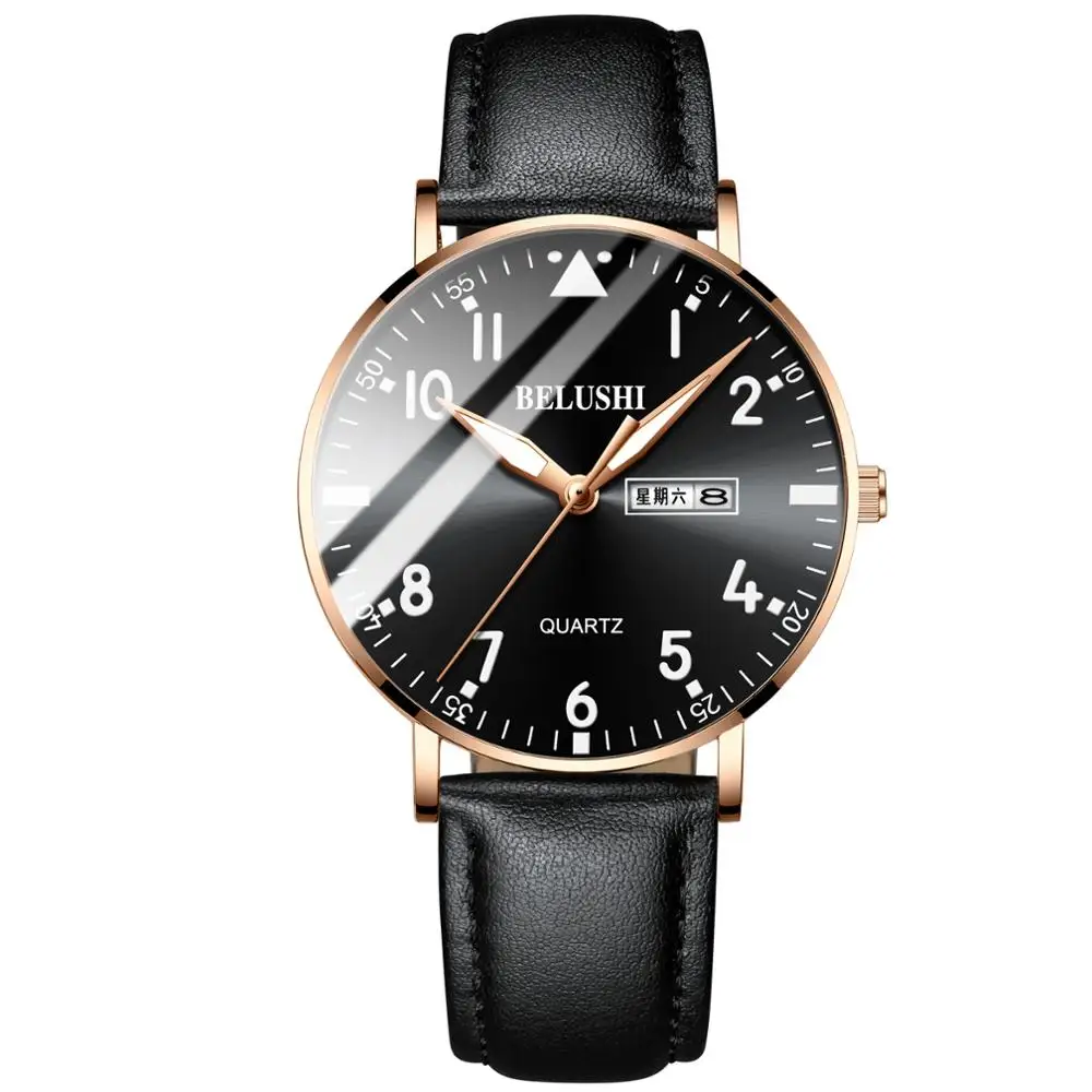 Watches Mens Luminous Leather Watch Men Belushi Fashion Leisure Luxury Hardlex Steel Waterproof Big Numeral Watches Black - Цвет: 554 Leather Gold BG