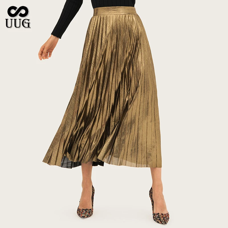 

UUG Spring Summer Bohemian Skirts 2020 New Women Metallic Pleated High Waist Elascity Skirts Casual A line Elegant Formal Party