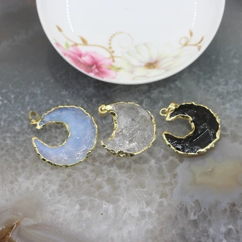 

5pcs/lot,Raw Stones Plated gold moon crescent Shape Pendants, Natural India agates pink crystal Tourmaline opal Jewelry Necklace