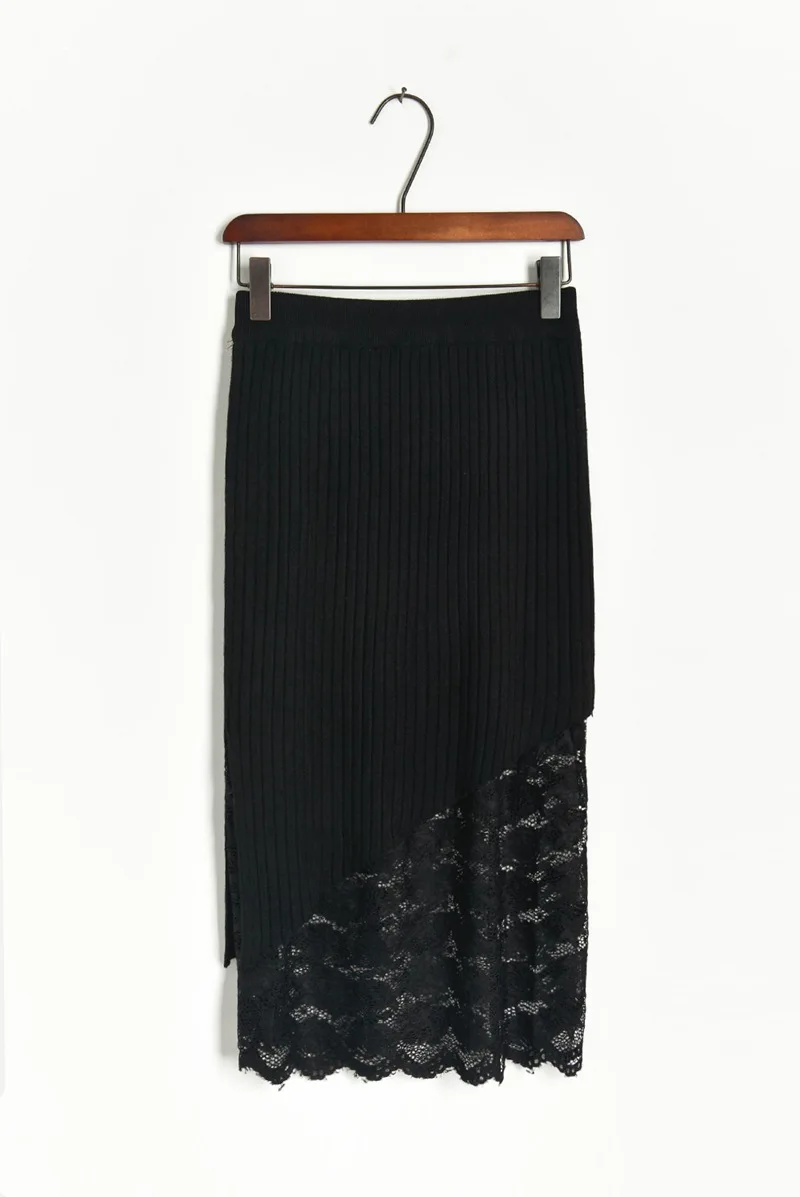 Elegant Women Lace Knitting Skirt 2019 Winter High Waist Double Wearing Irregular Sweater Knitted Long Black Skirt