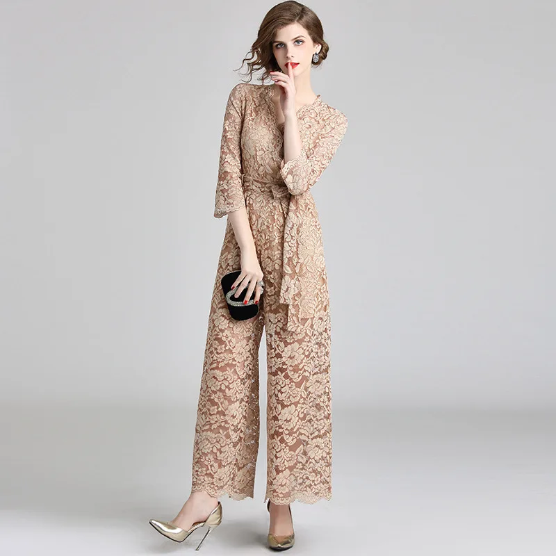 Элегантный кружевной комбинезон для женщин, вечерние, для клуба, Boho, комбинезон с v-образным вырезом, длинный комбинезон, широкие штаны, комбинезоны, комбинезоны для офисных леди
