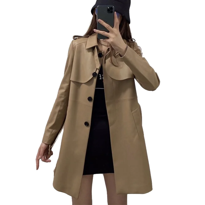 

2022 new women genuine leather jacket girl female real sheepskin long coat trench overcoats