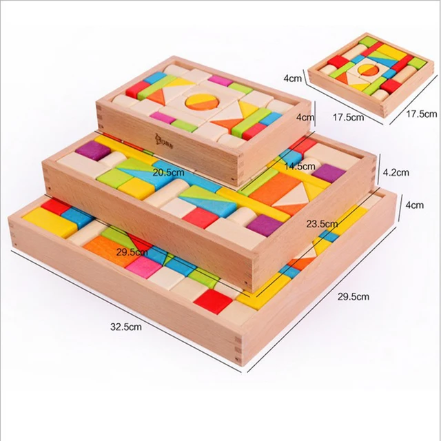 US $22.40 Wooden 74 pcs colored wooden boxed blocks piled up to 2-3-6 years old children's educational toys