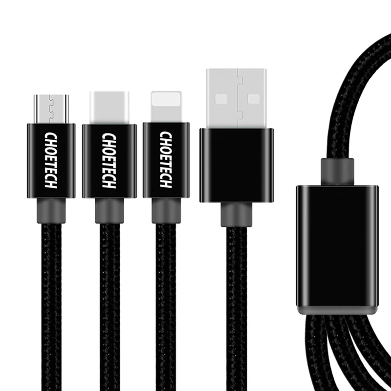 CHOETECH 3 в 1 USB кабель для мобильного телефона Micro usb type C кабель для зарядки iPhone кабель для зарядки Micro USB шнур для зарядного устройства - Цвет: Черный