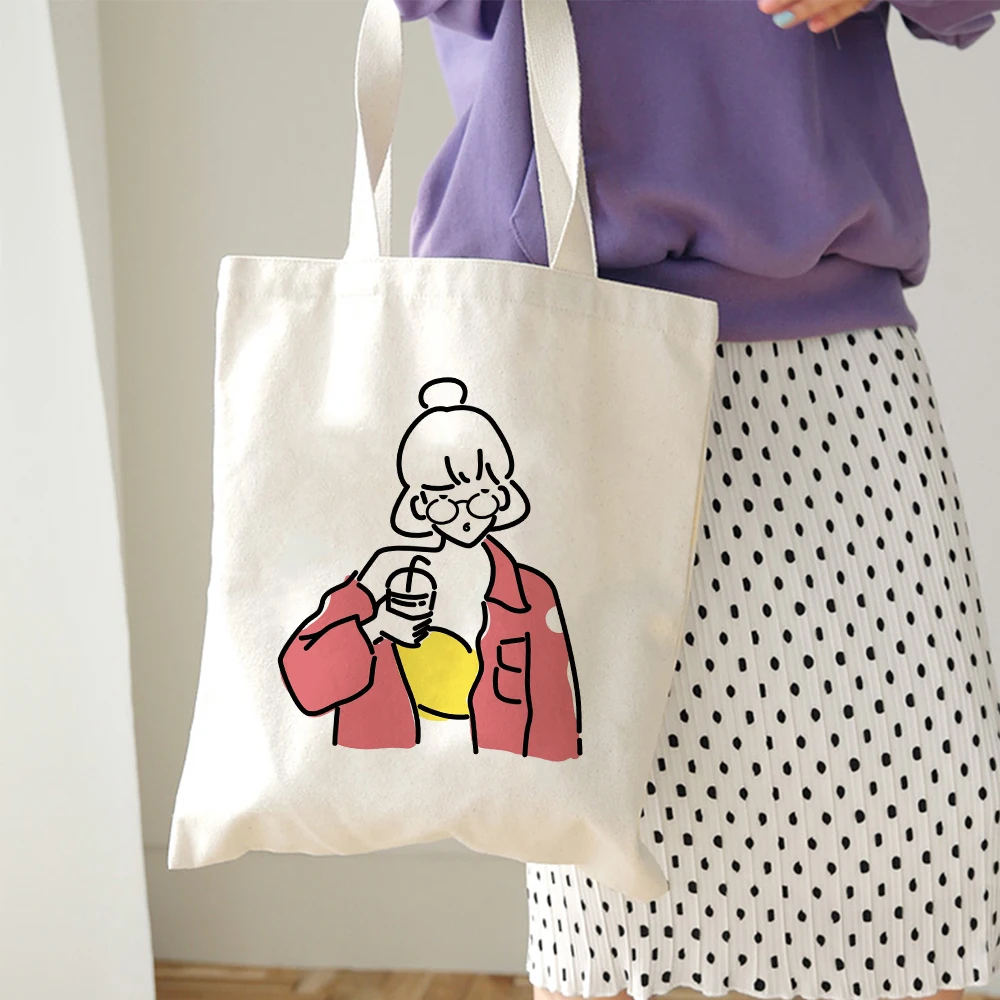 

Stick Figure Girl Women Shoulder Tote Bag Casual Fashion Canvas Large Capacity Shopping Bag Travel Orange Handbag Female Gifts