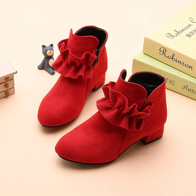 Ботинки для девочек; весенне-осенние ботинки из флока для маленьких детей; модные детские ботинки; теплые зимние ботинки; botas; Цвет черный, красный