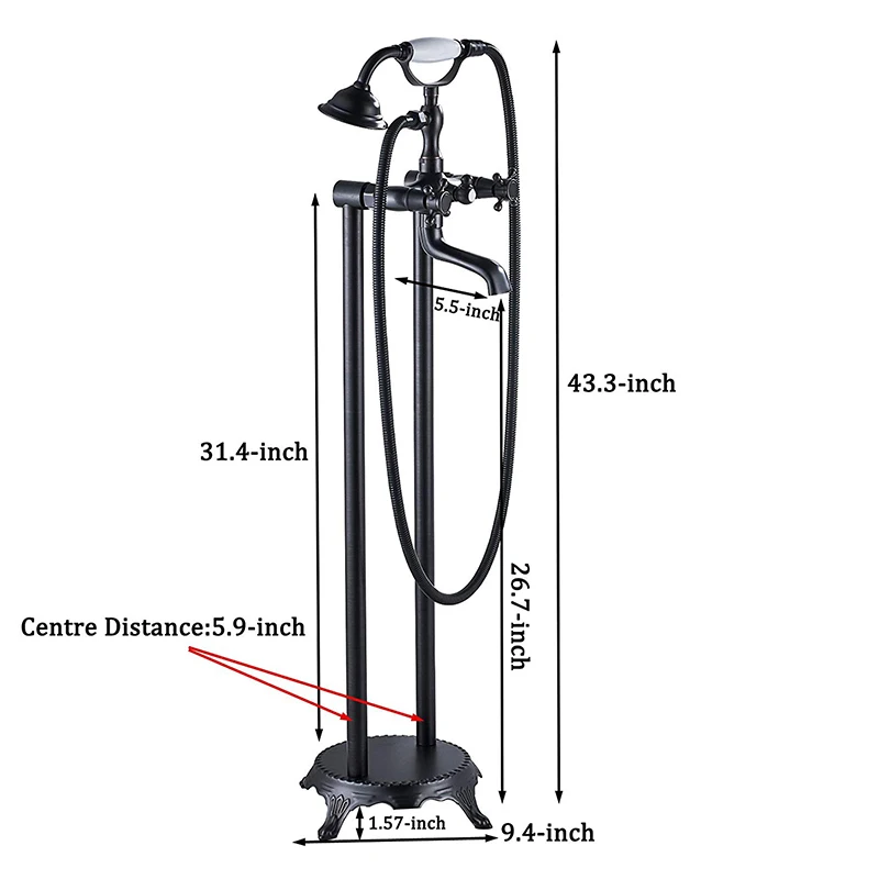 Grifo Mezclador De Bañera De Pie Estilo Retro - Bronce Negro - Grifería De Latón Con Ducha De Mano Y Caño Cascada - Doble Mando